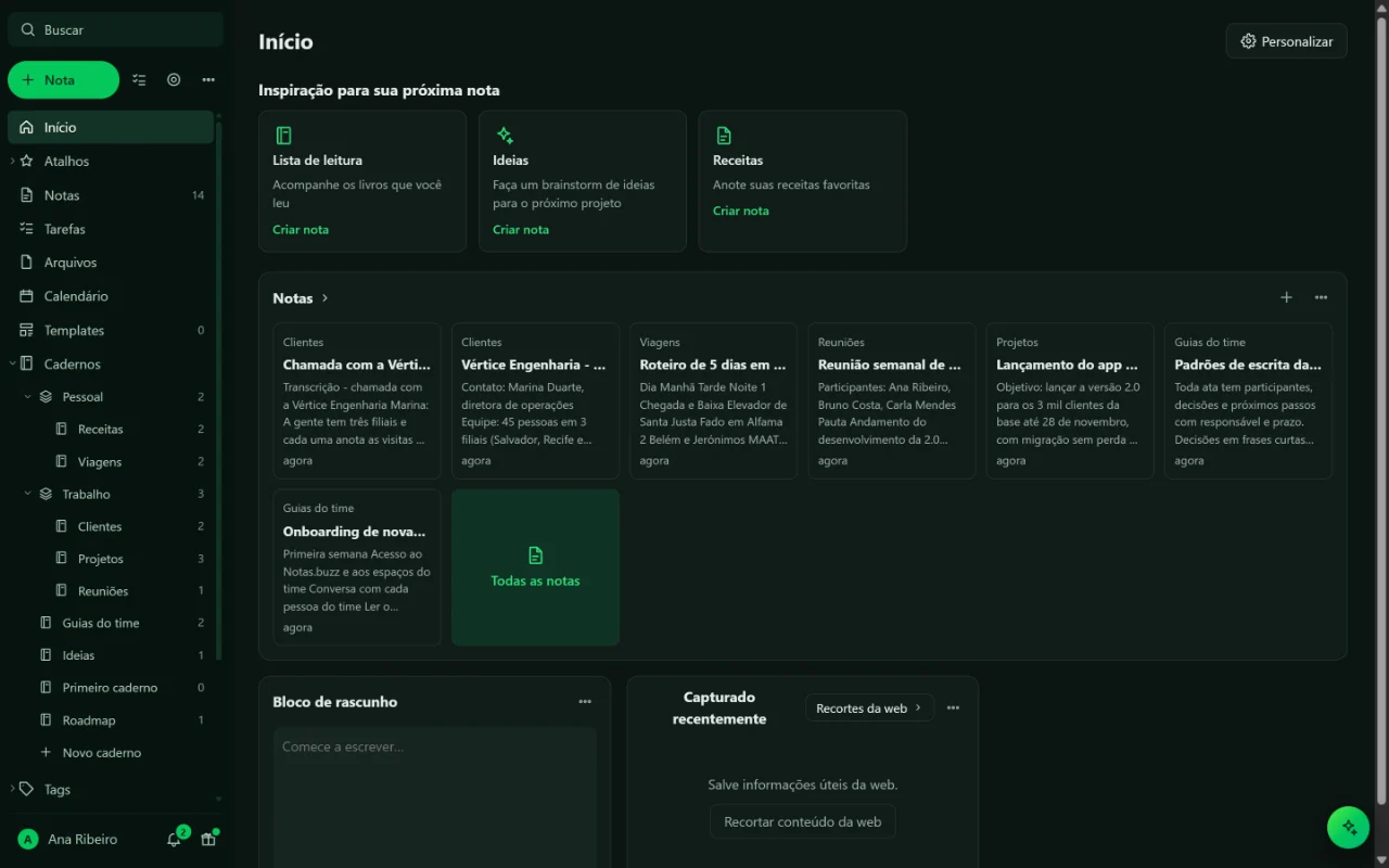 Tela inicial do Notas.buzz com as notas recentes, o bloco de rascunho e o menu com cadernos, tarefas e calendário